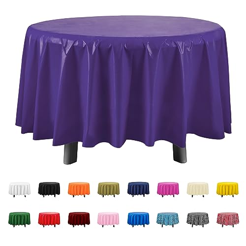 Eleclassi Purple 12 Pack Premium Round Disposable Tablecloth - 84 Inch Round Plastic Table Cloths for Parties - color: Purple, size: 12 Pack Round