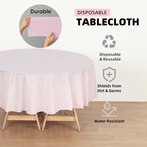 12-Pack Light Pink Plastic Tablecloths – 84 Inch Round Disposable Table Covers, Heavy Duty & Waterproof for Parties, Events, Banquets, Light Pink - color: Light Pink, size: 84" Round