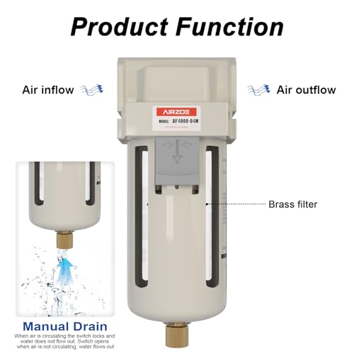 AIRZOE 1/2" NPT Air Dryer for Compressor - Air Compressor Water Separator AF4000-04,Semi-Auto Drain,5 Micron Brass Element, Poly Bowl - size: 1/2" NPT