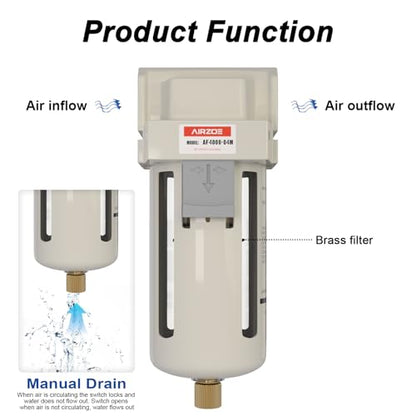 AIRZOE 1/2" NPT Air Dryer for Compressor - Air Compressor Water Separator AF4000-04,Semi-Auto Drain,5 Micron Brass Element, Poly Bowl - size: 1/2" NPT