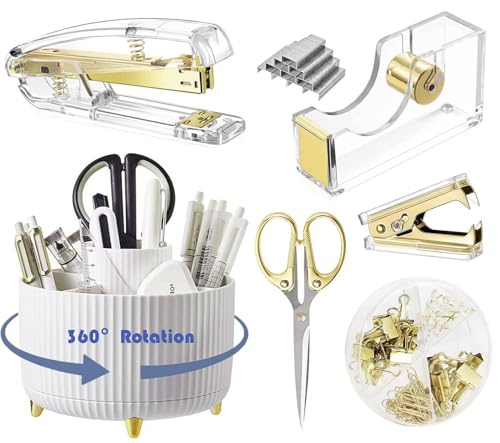 Gawsey Gold Desk Organizers and Accessories with Desk Organizer 360° Rotating Pen Holder and Office Supplies, Cute Stationery Supplies Set - color: B-Gold