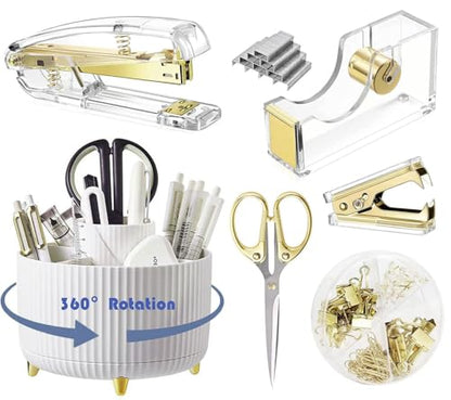 Gawsey Gold Desk Organizers and Accessories with Desk Organizer 360° Rotating Pen Holder and Office Supplies, Cute Stationery Supplies Set - color: B-Gold