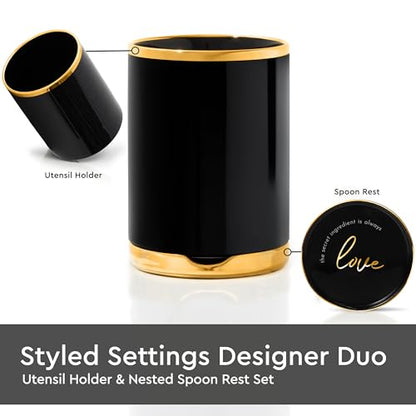 STYLED SETTINGS Black and Gold Utensil Holder with Built-in Spoon Rest | 2-Piece Black and Gold Spatula Holder, Kitchen Accessory, Utensils Not Included - color: Black & Gold