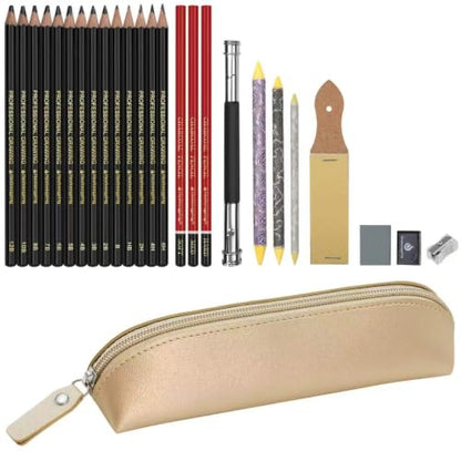 Heshengping, Sketching Pencil Drawing Pencils Set-26pcs, Art Supplies Drawing Kit,Graphite Charcoal Pro Draw Pencil Set,gift for Adults Beginners Artist for drawing sketching with Champagne Gold Case - style: Champagne Gold | 26 Pack