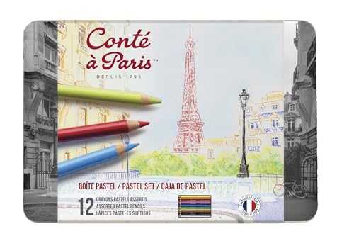 Conté à Paris Pastel Pencils with 12 Assorted Colors, Black | Highly Pigmented Lead, Unique Velvety Finish, Ideal for Portraits, Life Drawing & General Silhouette Work, Blendable - style: 12 Count - Assorted