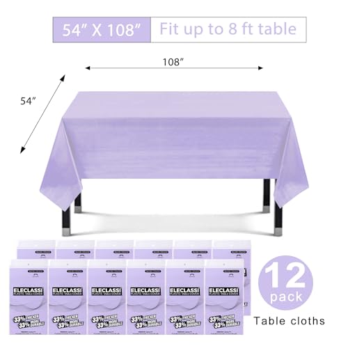 Eleclassi Lavender 12 Pack Premium Disposable Plastic Tablecloth 54 x 108 in - Party Plastic Table Cloth Disposable Tablecloth for Rectangle Tables up to 8 Ft in Length - Lavender Plastic Table Cover - color: Lavender, size: 12 Pack Rectangle