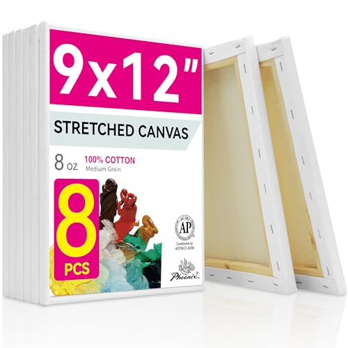 PHOENIX Stretched Canvas for Painting 9x12 Inch/8 Value Pack, 8 Oz Triple Primed 5/8 Inch Profile 100% Cotton White Blank Canvas, Artist Framed Canvas for Oil Acrylic & Pouring Art - size: 9"x12", style: Studio Set (8 Oz.)