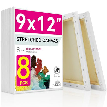 PHOENIX Stretched Canvas for Painting 9x12 Inch/8 Value Pack, 8 Oz Triple Primed 5/8 Inch Profile 100% Cotton White Blank Canvas, Artist Framed Canvas for Oil Acrylic & Pouring Art - size: 9"x12", style: Studio Set (8 Oz.)