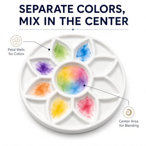 7 Inch Ceramic Watercolor Palette, Round White Flower Paint Tray | Petal-shaped color wells surround a center mixing area for watercolor, gouache, acrylic, ink and everyday art projects.