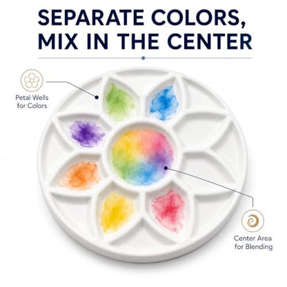 7 Inch Ceramic Watercolor Palette, Round White Flower Paint Tray | Petal-shaped color wells surround a center mixing area for watercolor, gouache, acrylic, ink and everyday art projects.