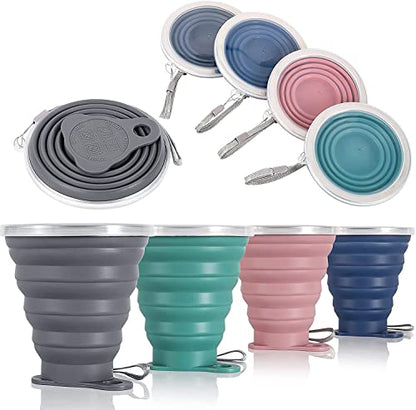 ME.FAN Silicone Collapsible Travel Cup - Silicone Folding Camping Cup with Lids - Expandable Drinking Cup Set - Portable, Graduated [9.22oz] - color: 4 Pack-Deep Gery-Dusty Rose-Teal Blue-Navy Blue