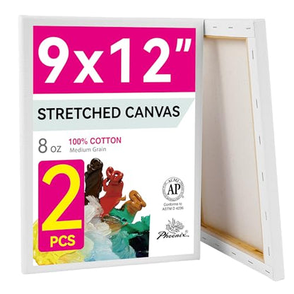 PHOENIX 9x12 Inch Pack of 2 Canvas - Stretched Canvases for Painting, 8 Oz Triple Primed 5/8 Inch Profile 100% Cotton White Blank Framed Canvas for Oil Acrylic & Pouring Art - size: 9"x12", style: Studio 2 Pack Set