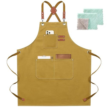 ZOMAO Chef Apron for Women Men with Large Pockets, Cotton Canvas Cross Back Waterproof Work Aprons for Kitchen Cooking Bib - color: Brown