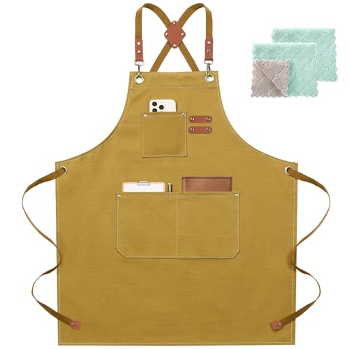 ZOMAO Chef Apron for Women Men with Large Pockets, Cotton Canvas Cross Back Waterproof Work Aprons for Kitchen Cooking Bib - color: Brown