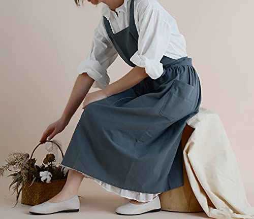 VLZUFE Women Cotton Linen Cross Back Apron for Gardening Works Pinafore Dress with Pockets Navy - color: Navy