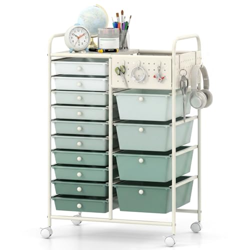 GOFLAME 14-Drawer Rolling Storage Cart with Pegboard, Craft Storage Cart with Lockable Wheels and Metal Frame, Art Cart Supply Storage Organizer for Home Office Classroom, Green Gradient - color: Green Gradient, size: 14-drawer with Pegboard-25"x14.5"x34.