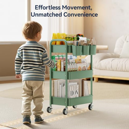 YASONIC 3-Tier Rolling Cart, Green, 66 Pounds Capacity, Mesh Storage Organizer with Lockable Wheels, 3 Hanging Cups, 4 Hooks, Easy Assembly, for Kitchen, Bathroom, Laundry, Grocery | Sturdy Rolling Storage Cart With Hooks & Hanging Cups, Great For Craft,