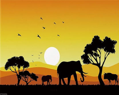 XTXGERL Paint By Number for Adults Beginner, African Sunset Landscape Wildlife Animal Elephant Paint By Numbers Kits on Canvas, Frameless DIY Oil Painting for Home Wall Decor 16x20 inch