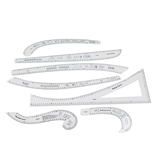 7Pcs Fashion Clear Metric Sewing Ruler Set, French Curve Pattern Ruler Kit for Beginners, Tailors, and Designers, Fashion Design Dress Makers Ruler, Clear Sewing Tailors Pattern Making Ruler