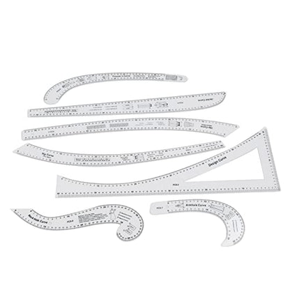 7Pcs Fashion Clear Metric Sewing Ruler Set, French Curve Pattern Ruler Kit for Beginners, Tailors, and Designers, Fashion Design Dress Makers Ruler, Clear Sewing Tailors Pattern Making Ruler