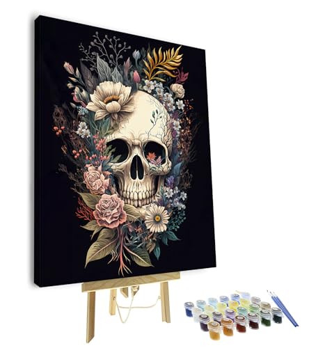 TUMOVO Paint by Numbers Skull with Flowers, Abstract Paint by Number for Adults, Adult Paint by Number Kits on Canvas Drawing Paintwork with Paintbrushes Art Crafts 16"x20"(with Frame) - color: Skull(Framed)