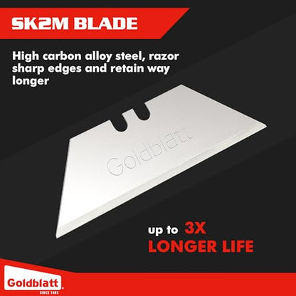 Goldblatt 100-Pack Utility Blades with Tempered SK2M Steel | Double-honed Edges Deliver Lasting Sharpness for Cutting Cardboard, Leather, Linoleum, Rope, and More, Dispenser Included