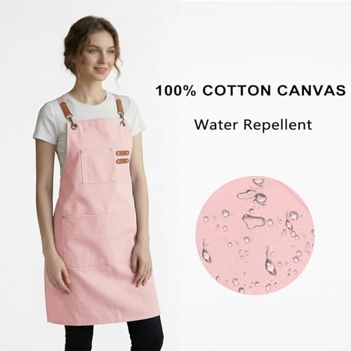 ZOMAO Chef Apron for Women Men with Large Pockets, Cotton Canvas Cross Back Waterproof Work Aprons for Kitchen Cooking Bib - color: Lightpink