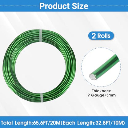 2 Rolls Aluminum Craft Wire, 9 Gauge (3mm) Flexible Metal Wire for Jewelry Making, 65.6 Ft (32.8 Ft/Roll) Bendable Armature Wire for Bonsai, Sculpting and DIY Crafts [Green] - size: 9Gauge 32.8Ft Each, style: Green