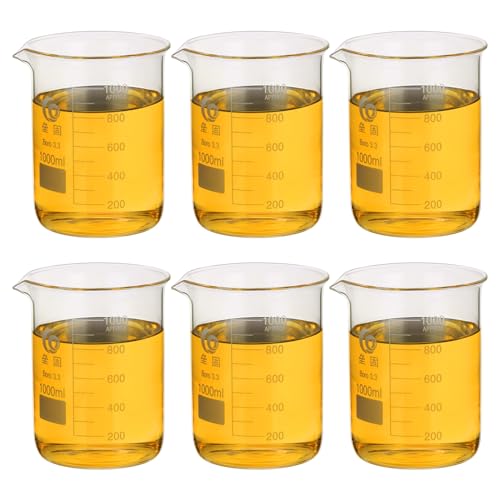 PATIKIL 1000ml Low Form Glass Beaker, 6Pcs 3.3 Borosilicate Glass Beakers Graduated Measuring Cup with Spout for Lab Experiment, Cooking and Baking, Clear - size: 1000ml