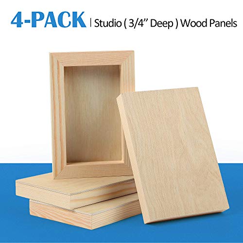4 Pack 4x6’’ Unfinished Birch Wood Panels Kit for Painting | Studio 3/4’’ Deep Wooden Canvas, Cradle Boards for Acrylic Pouring, Art, Crafts, Epoxy Resin, Laser Engraving Cutting - size: 4'' x 6'' Studio