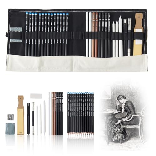 Professional Sketching Pencil Set with Full Hardness Range (3H–14B) – Graphite & Charcoal Pencils with Portable Canvas Pouch