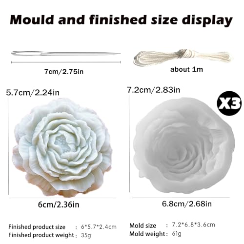 3 Pack Peony Silicone Candle Mold Flower Mold Resin Casting Molds with Large-Eye Wicking Needle,Candlewick for DIY Scented Candle, Soy Wax, Cake, Soap,Craft Making - color: 3PCS-Peony