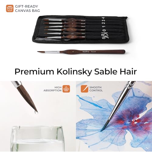 Nicpro 7pcs Kolinsky Sable Miniature Paint Brushes with Cloth Roll | Professional Fine Detail Paint Brushes, Round Point Artist Brush Set for Miniatures, Acrylic & Figures, Model, Watercolor - size: 7 PCS