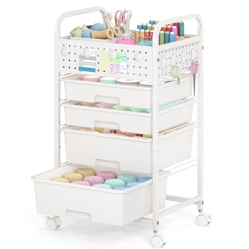 SYKIARIOL 4 Drawer Rolling Storage Cart with Pegboard Top and Hooks, White - color: White, size: 4-Drawers