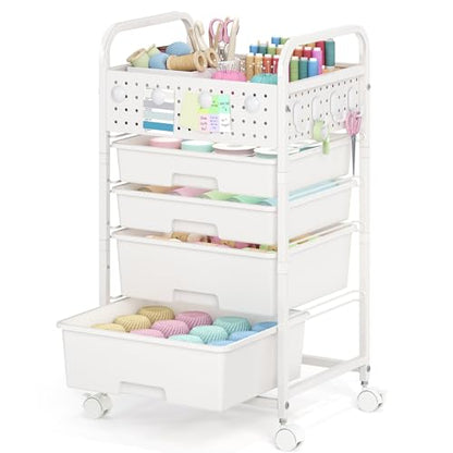 SYKIARIOL 4 Drawer Rolling Storage Cart with Pegboard Top and Hooks, White - color: White, size: 4-Drawers