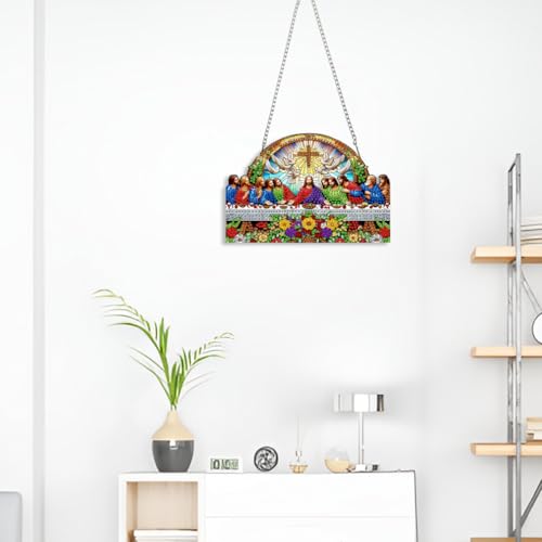 STGLCR Religious Diamond Art Hanging Kit for Adult The Last Supper,Special Shaped DIY Acrylic Jesus Christ Cross Diamond Art Painting Window Pendants Home Garden Wall Hanging Kits Hanging Ornament - color: The Last Supper flower