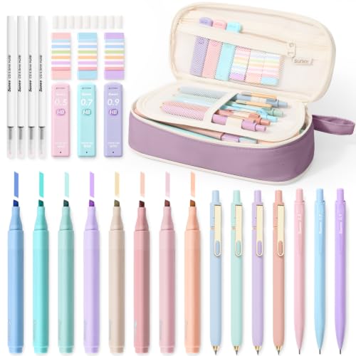 SUNEE Pencil Case with Supplies, 35PCS Aesthetic Stationery Set with Pastel Highlighters, Black Gel Pens, Mechanical Pencils & Refills, College School Supplies for Students Girls, Purple - color: Purple, style: 35 Pack