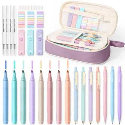 SUNEE Pencil Case with Supplies, 35PCS Aesthetic Stationery Set with Pastel Highlighters, Black Gel Pens, Mechanical Pencils & Refills, College School Supplies for Students Girls, Purple - color: Purple, style: 35 Pack