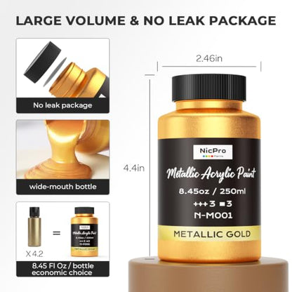 Nicpro Metallic Gold Acrylic Paint, 8.45oz/250ml Large Gold Leaf Paint | Non Toxic, Non Fading Craft Paints for Metal, Wood, Clay, Fabric, Canvas, Furniture, Handcrafts, Art Supplies - color: Gold, size: 8.45 Fl Oz (Pack of 1)