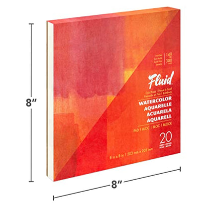 Fluid Artist Watercolor Pad, 140 lb (300 GSM) Cold Press Paper Pad for Watercolor Painting and Wet Media, Fold Over, 8 x 8 inches, 20 White Sheets