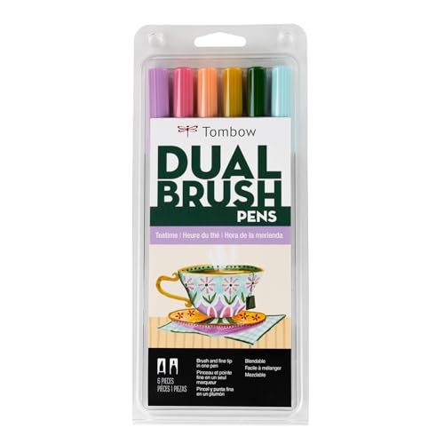 Tombow 56242 Dual Brush Pen Art Markers, Teatime, 6-Pack. Brush/Fine Tips