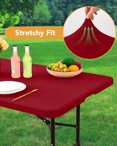 KeyWave Fitted Tablecloth Rectangle Table Cloths - 6 Pack 8 Foot Elastic Stretch Folding Table Top Cover Water-Resistant Reusable for Outdoor Picnic Camping Party Event, Red, 96" L x 30" W - color: Red, size: 8 ft - 6 Pack