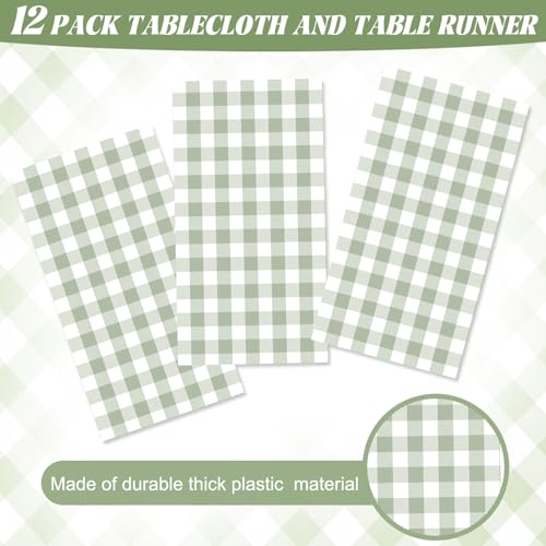 FuWeave 12 Pcs Green and White Checkered Tablecloths Disposable Plastic Gingham Table Cloths Waterproof Rectangle Plaid Table Cover for Wedding Picnic Birthday Party Decor, 54 x 108 Inch - style: Green plaid