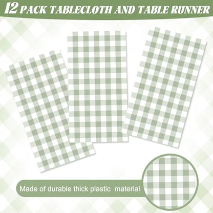 FuWeave 12 Pcs Green and White Checkered Tablecloths Disposable Plastic Gingham Table Cloths Waterproof Rectangle Plaid Table Cover for Wedding Picnic Birthday Party Decor, 54 x 108 Inch - style: Green plaid