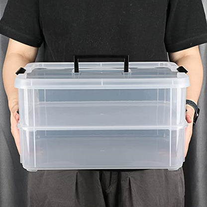 JUXYES 2-Tiers Plastic Stack Carry Storage Containers Box wih Handle Lids - color: Black