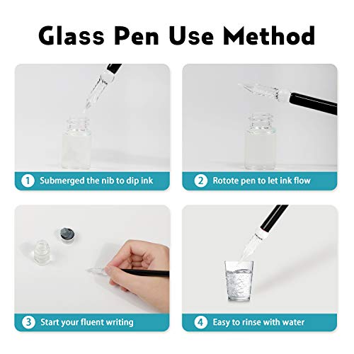 ESSSHOP Glass Dip Pen with Invisible Ink Set - UV Flashlight and Cat Pen Holder Elegant Handmade Crystal Smooth Cylindrical Calligraphy Signature Pen for Present Art Writing Drawing Gift
