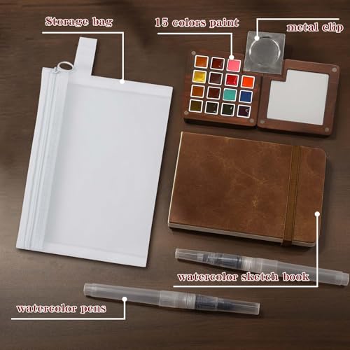 Mini Watercolor Paint Set - 15 Color Travel Watercolor Palette Set - Portable Water Color Paint Set with Watercolor Journal, Binder Clips,Pens,Storage Bag, Wooden Box for Beginners Painters Artists Student - color: Yellow 15 Colors with Sketchbook