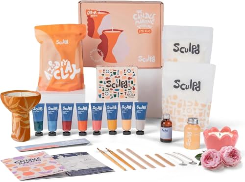Sculpd Candle Making Kit, 2 Candles, Peony Rose Fragrance, Earth Tones | Air dry clay kit with acrylic paint, non-toxic eco soy wax, candle glaze, tools & guide, for adults - color: Peony Rose with Earth Tones, size: 2 Candles