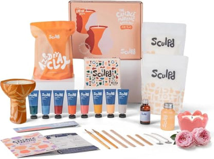 Sculpd Candle Making Kit, 2 Candles, Peony Rose Fragrance, Earth Tones | Air dry clay kit with acrylic paint, non-toxic eco soy wax, candle glaze, tools & guide, for adults - color: Peony Rose with Earth Tones, size: 2 Candles
