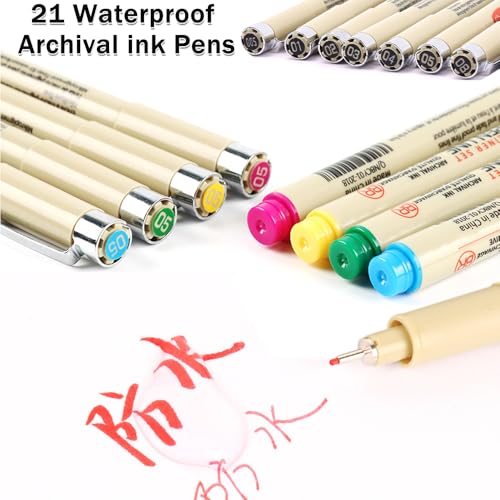 21-Pack Micro Pens Set - 14 Waterproof Archival Ink Colors in 0.45MM Felt Tip & 7 Blacks in 0.2-0.5MM Fineliner Ink Pens For Journaling, Illustrating,Artists,Sketching,Anime,Technical, Drawing Pens